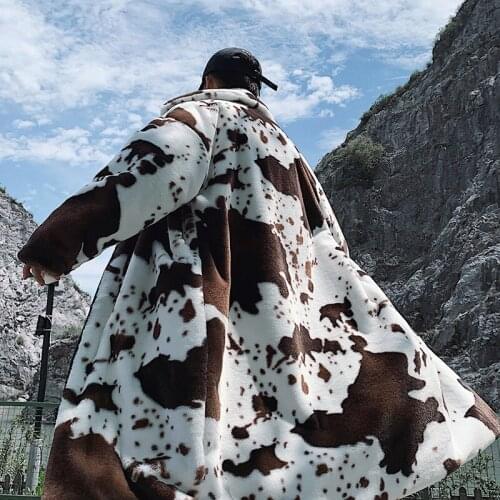 Winter Mens Cow Pattern Long Parkas Coat Loose Thick Warm Overcoat Cashmere Outwear N29