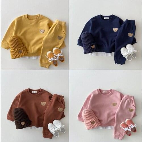 9180 Baby Clothing Set Infant Baby Cartoon Suit Autumn Winter 2021 Embroidered Bear Head Casual Sweater Set Boy Girls 2pcs Suit