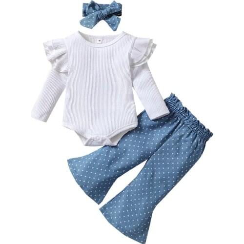 2021 0-18M Cute Infant Baby Girl Clothes White Solid Ruffle Knitted Long Sleeve Romper+Bow Dot Print Flare Pants Autumn 3pcs Set