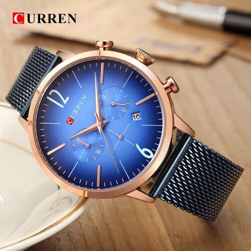 Curren Quartz Watches Men Simple Casual Dress Mesh Steel Wrist Watch Blue Dial Business Clocks
