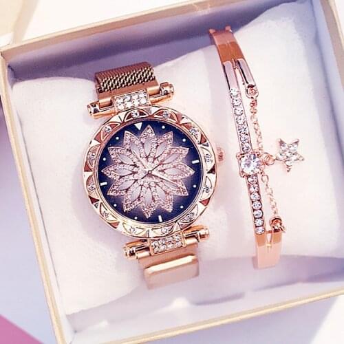 Hot Sale Women Magnet Buckle Flower Watch Luxury Ladies Quartz Rhinestone Wristwatches Bracelet Set Relogio Feminino Gift Clock