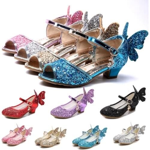 Princess Kids Leather Elsa Shoes For Girls Glitter Butterfly Knot Dress Party Children High Heel Csuals Shoe for kids Pink Silve