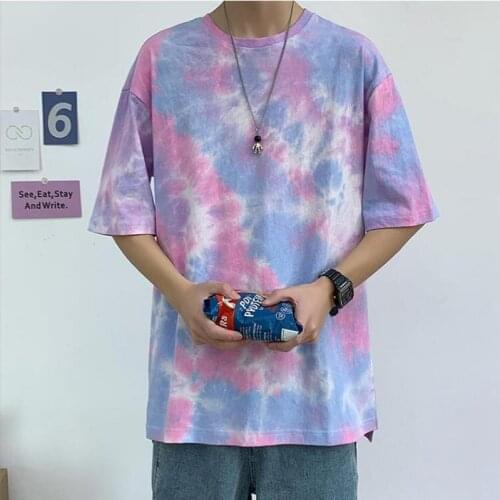 Cotton Tie-dyed T Shirt Mens Fashion Printing Casual Short-sleeved T Shirt Men Streetwear Loose Hip Hop Tshirt Mens M-2XL