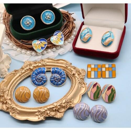 Round Squre Love Heart Creative Enamel Earrings Multi-Colour Trendy Retro Hangle Stud-Alloy Oriental Piercing For Mujer Girls