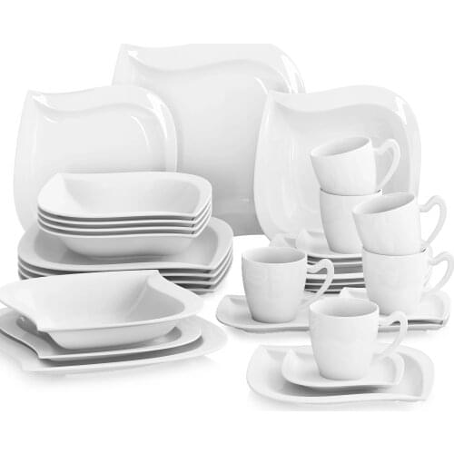 MALACASA Elvira 30-Piece White Porcelain Dinner Set with 6*Cups Saucers Dessert Soup Dinner Plates Tableware Service for 6Person
