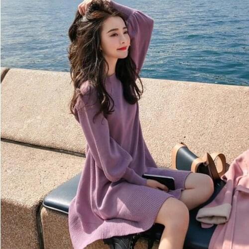 2 Color choose Autumn Knitted Dress O-neck Lantern sleeve A-line Loose Short Dress Solid Oversize Winter Bottoming Sweater Dress