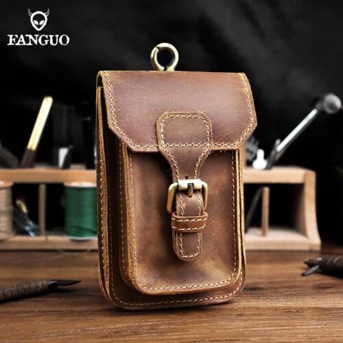 Mobile Phone Waist Bag Genuine Leather Mens Belt Fanny Running Pocket Handmade Womens Travel Sport Wallet Waist Bag