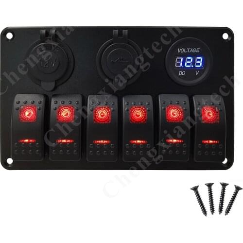 Pre-Wired Aluminum 6 Gang Red Led Rocker Switch Panel + Dual USB Voltmeter Power Cigarette Lighter Sockets Car Boat Marine