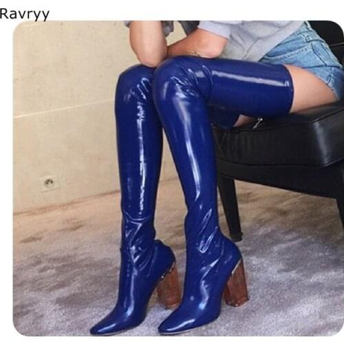 Patent Leather Blue Elastic Long Boots Woman over-the-knee Boots Transparent Square Heel Fashion Autumn Winter Female Shoes