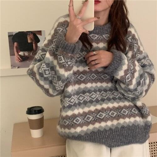 New Autumn Winter Argyle Sweater Women Korean Geometric Loose Vintage Knitted Sweater Woman Long-sleeved Pullover Harajuku Top