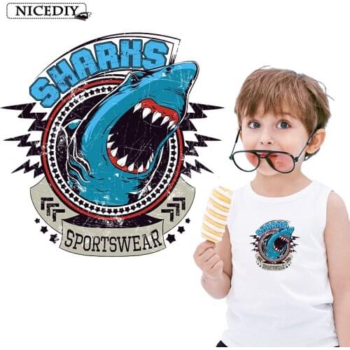 DIY Small Fashion Retro Shark Iron On Transfers For Clothes Heat Transfer Vinyl Sticker Printing Patch For T-shirts Applique