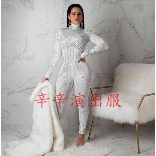 Wp,em Mew White Pearls Elastic Long Sleeve Tights Jumpsuit Nightclub Bar Singer Performance Costume Party Birthday Stage Wear
