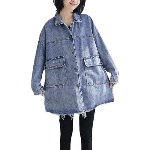 Womens Denim Jacket 2021Lapel Long Sleeve Ladies Vintage Jacket Outwear Casual Blue Tops Autumn Spring Loose Jeans Coats Female