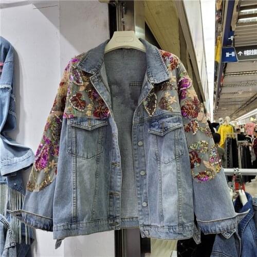 2021 Spring Autumn Fashion Diamond Beaded Color Sequins Loose Jeans Coat Female Single Breasted Vintage Denim Jacket Women G984