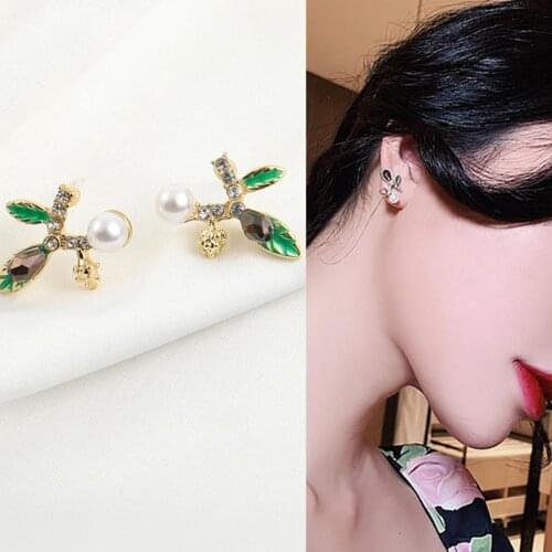 Women Fashion Sprout Rhinestone Faux Pearl Inlaid Ear Stud Earrings Charms Luxury Exquisite Unique Accessories Jewelry Gift