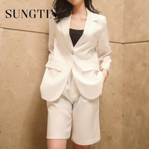 Sungtin OL Blazer Suits Women Office Lady Shorts Blazer Jacket 2 Piece Sets 2021 New Summer White Notched Half Sleeve Suits 2021
