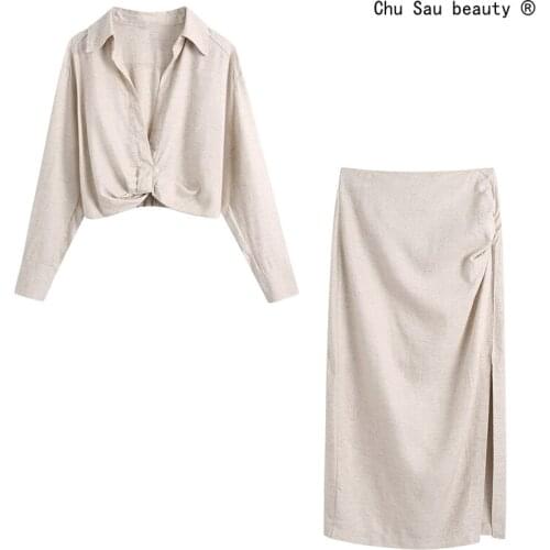 2021 Summer New Women Square Collar Long Sleeve Twist Shirt + High Waist Folds Skirt Set Female Solid Color Casual Chic