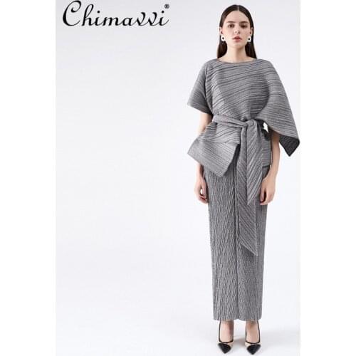 2021 Summer Two Piece Dress Suit Womens Slim Fashion Pleated Elegant Long Suspender Dress Lady Short Sleeve Casual Shirt