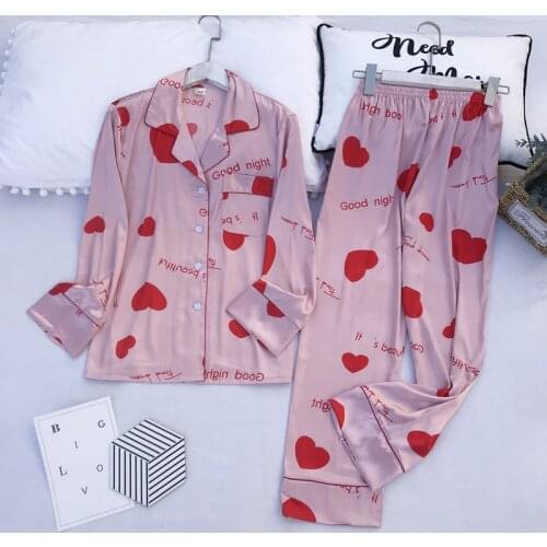 Female Nightsuit Satin Pyjamas Women Pajamas Sets with Pants Print Long Sleeve Silk Sleepwear Pijama Mujer pijama