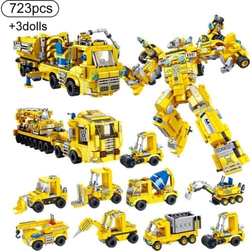 723Pcs Deformation Engineering Vehicle Robot Building Blocks Excavator Bulldozer Crane Shovel Mixer Truck Bricks Toys For Kids