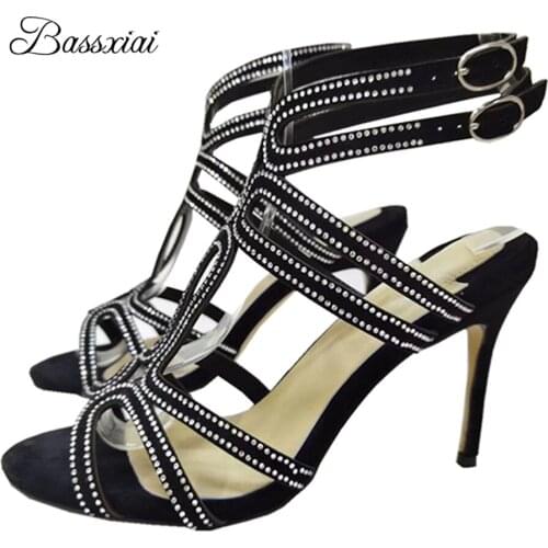 Jeweled Narrow Band Ankle Strappy Sandals Women Stiletto Heel Multicolor Fretwork Open Toe Summer Sandalias For Girls