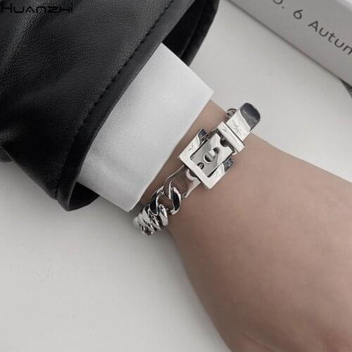 HUANZHI 2020 New Chic Punk Silver Color Belt Buckle Metal Geometric Chain Bracelets Hip Hop for Women Girls Party Jewelry
