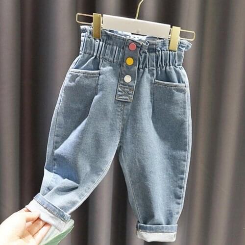 Kids Pants 2021 Autumn New Boys And Girls Korean Mid-Waist Lace Elastic Waist Three-Color Pocket Casual Button Jeans