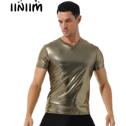 Mens Clothing Summer Streetwear Fashion Casual Tees Glossy V Neck Short Sleeve T-Shirt Nightclub Dance Show Costume Shiny Top
