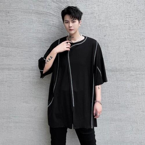 2021 Summer Fashion Geometrical Lines Oversized Short Sleeve T Shirt Men Korean Style Hip Hop Round Neck Tees Tops