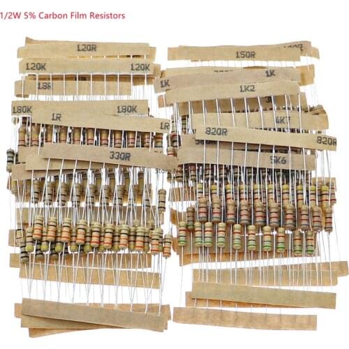 1000PCS/LOT 1/2W Power 0.5W 5% Tolerance Carbon Film Resistors Assorted Assortment Kit 1ohm-10M ohm 100Values Each 10PCS