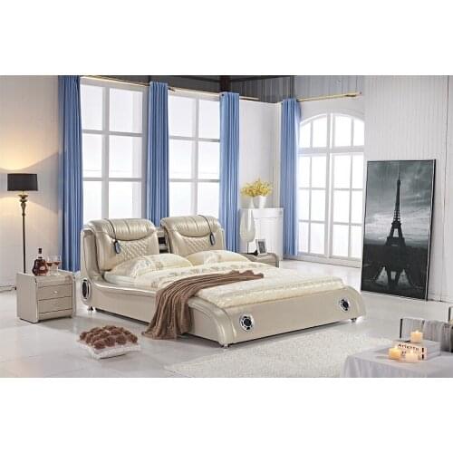 Real Genuine leather bed TV Soft Beds Bedroom camas lit muebles de dormitorio yatak mobilya quarto massage speaker bluetooth