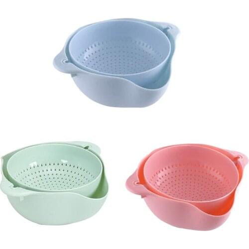 Kitchen Rotating Basin Drain Double-layer Rotatable Drain Basket with Double Handle 2 in 1 Vegetable Fruit Washing Colander Bowl