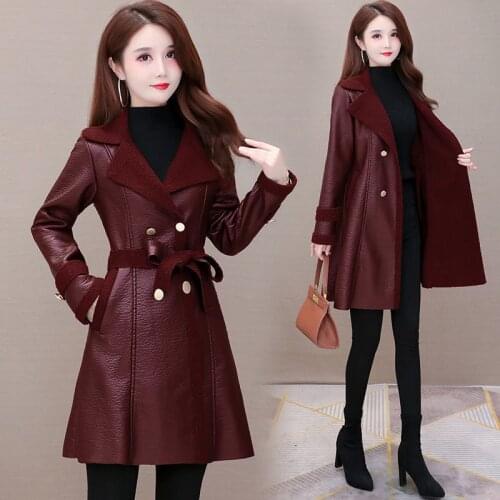 Women PU Leather Jacket 2020 New Female Spring Autumn One Piece Of Fur Overcoat Lady Fashion Coat Double Breasted Coats C577