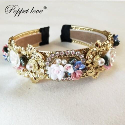 Fashionable Pearls Rhinestone Retro Palace Baroque ceramics Headdress Crown Luxury Velvet Hairband Card Wedding Hair Accessory