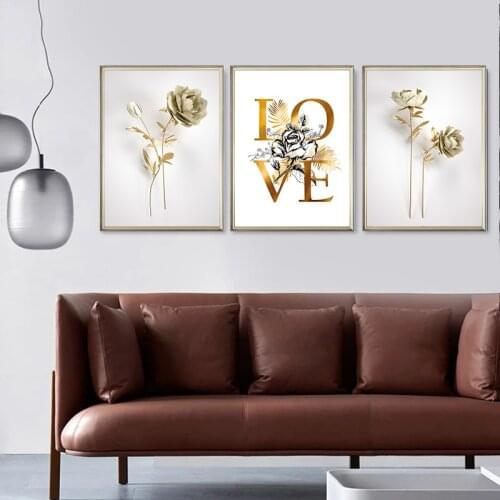 Wall Art Print Painting Golden Plant Canvas Poster Flower Leaf Botanical Luxury Floral Picture Contemporary Hotel Home Decor