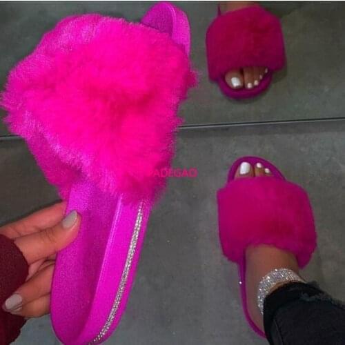 2020 Spring Autumn New Women Home Indoor Wild Fur Slides Flip Flop Warm Soft Non-slip Slippers Outdoor Rhinestone Beach Sandals