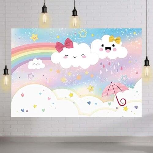 Clouds Rainbow Backdrop Glitter Star Sky Girl Kids Birthday Party Banner Cute Cloud Smile Face Umbrella 1st Bday Decoration