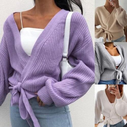Solid Color Autumn Cardigan Women Sweater Coat Sexy V Neck Lace Up Knitted Cardigan for Women Sweater Outwear sueters de mujer