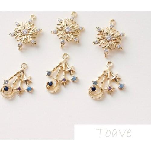 2pcs Copper Plated 18K Real Gold Pendant Double Hanging Snowflake Moon and the Stars Zircon DIY Pendant Material Accessories