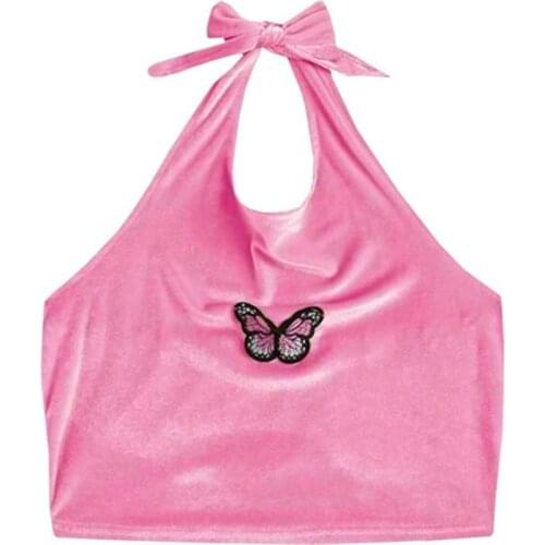 Women Velvet Butterfly Embroidery Crop Top Sexy Halter Bow Backless Camis Vest