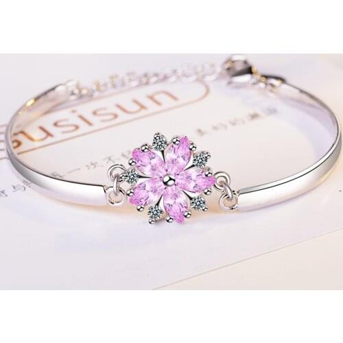 Elegance Temperament Luminous Pink Daisy Flower Female Bracelets Clear CZ Crystal Fashion Bracelet Jewelry Best Gifts For Women