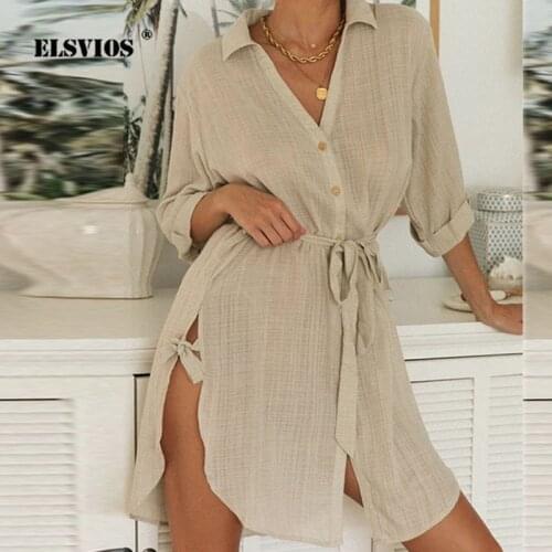 Women Turn-down Collar Shirt Dress Cotton Linen Buttons Elegant Party Dress Spring Long Sleeve Sexy Split A-Line Dresses Vestido