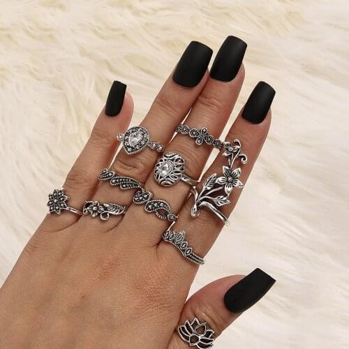 10 Pcs/set Vintage Flower Crown Midi Rings Set Silver Color Boho Female Charms Jewelry Knuckle Ring For Women Fashion Party Gift