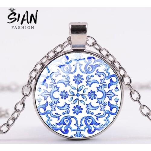 SIAN Blue And White Porcelain Necklace Glass Round Charm Flower Patterns Cabochon Pendant Elegant Lady Banquet Statement Choker