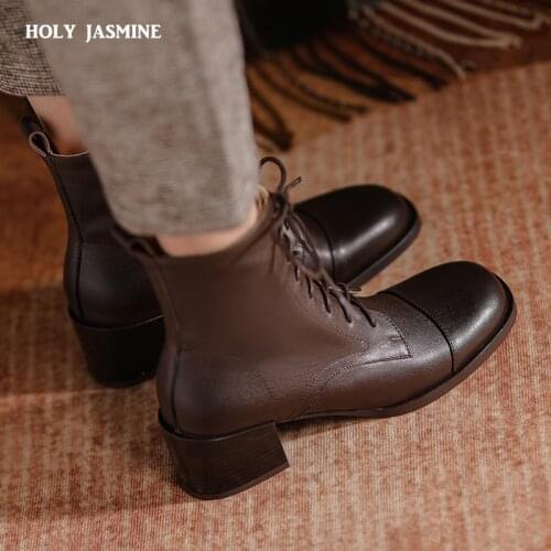 Platform Boots Fashion Concise Women Ankle Boots Popular High Heels Autumn Winter Genuine Leather Cross-Tied Casual Shoes Woman