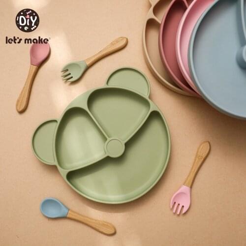 Lets Make Baby Silicone Plate Toddler Bowl Spoon Cartoon Bear Silica Gel Plate Children Dinner Plate Food Grade Silicone Dishe