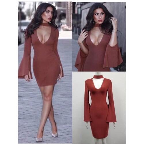Elegant Must Have Simple Classy Flare Sleeve High Neck Collar Mini Celebrity Party Bandage Dress