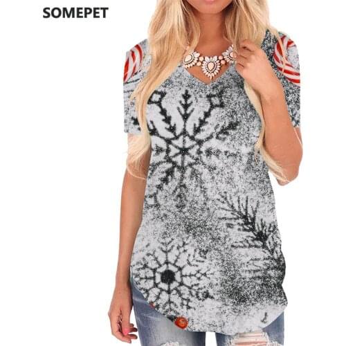 SOMEPET Christmas T Shirt Women Snowflake V-neck Tshirt Painting T-shirts 3d Creativity Shirt Print Womens Clothing Fashion Cool