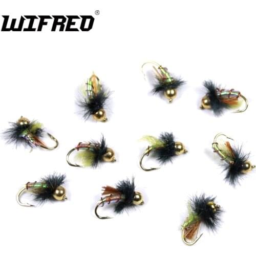 Wifreo 10PCS #12 Holographic Brass Bead Head Nymph Caddis Pupae Flasher Back Nymph Fly for Bluegill Crappie Trout Fishing