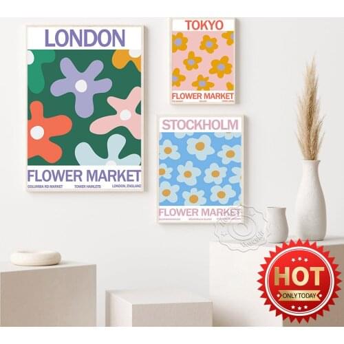 London Stockholm Tokyo Flower Market Art Poster, Modern Flower Illustration Print Wall Picture, Kids Room Creche Decor Mural